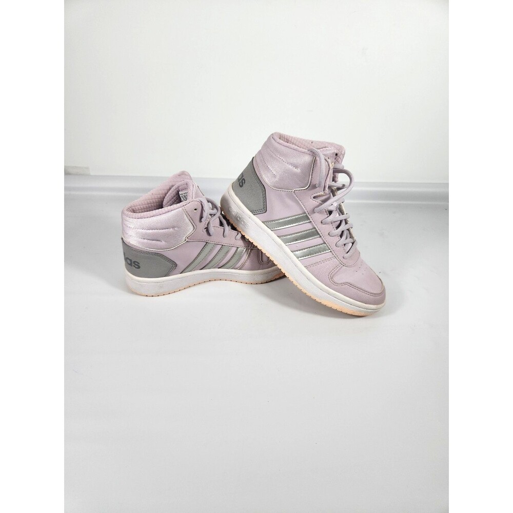 ADIDAS KIDS HOOPS 20 LAVENDER HIGH TOPS SILVER STRIPES SIZE 4 CHILDRENS